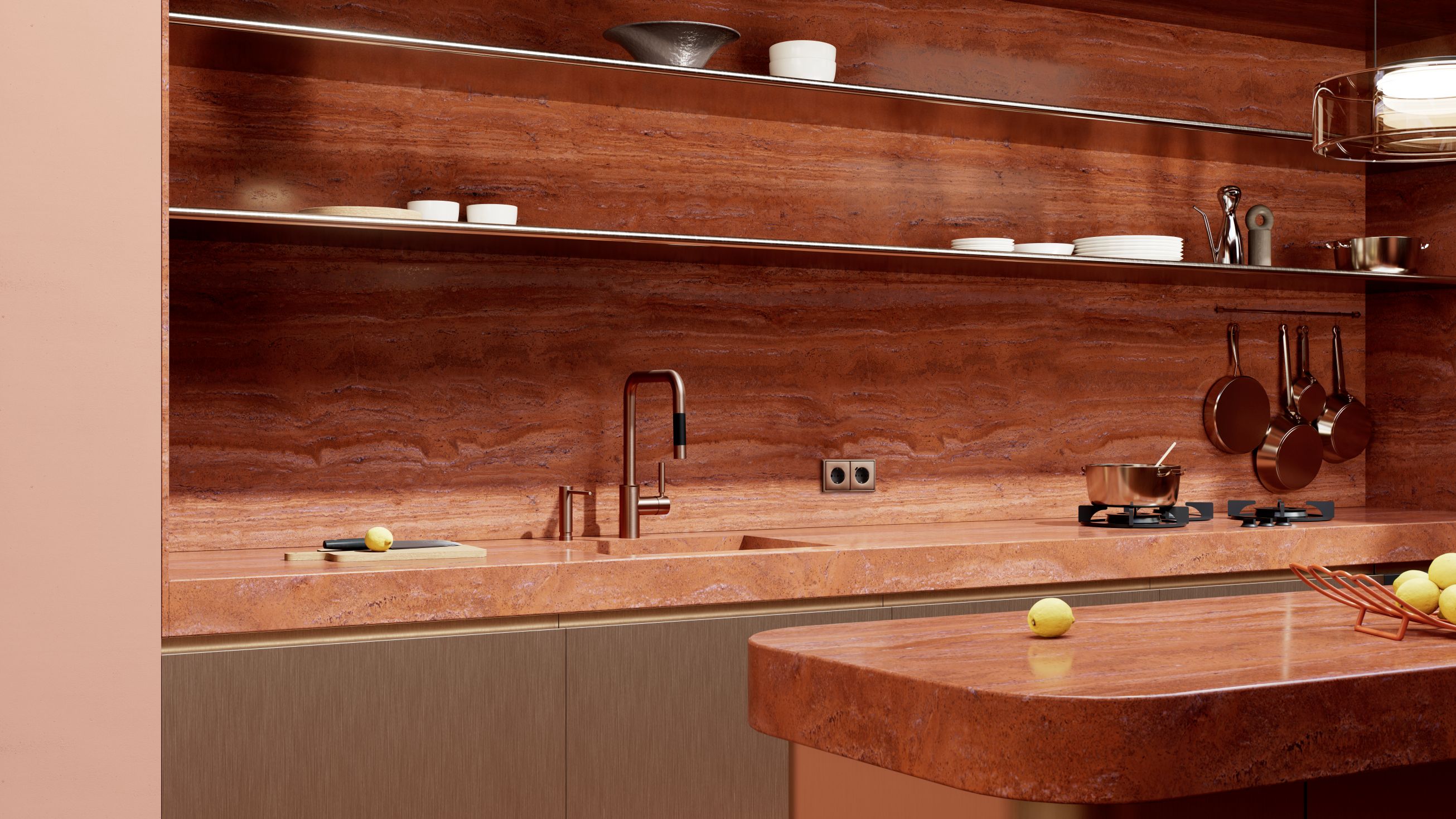 Virtuve ar JUNG LS sērijas gaismas slēdzi bronzas apdarē